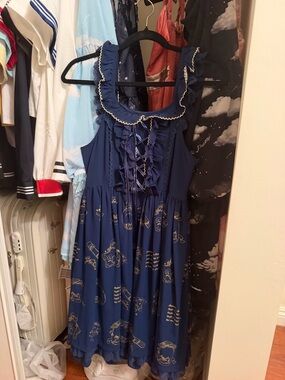 Lolita Kawaii Navy Blue Ruffled Midi Dress with Gold Print